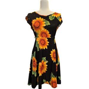 Silk Sunflower Black Dress M Glitter Floral Whimsical Spring Cottagecore Mini
